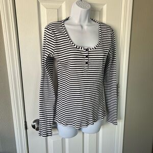 La ligne striped cotton Y2K Henley French white black round neck size XLarge